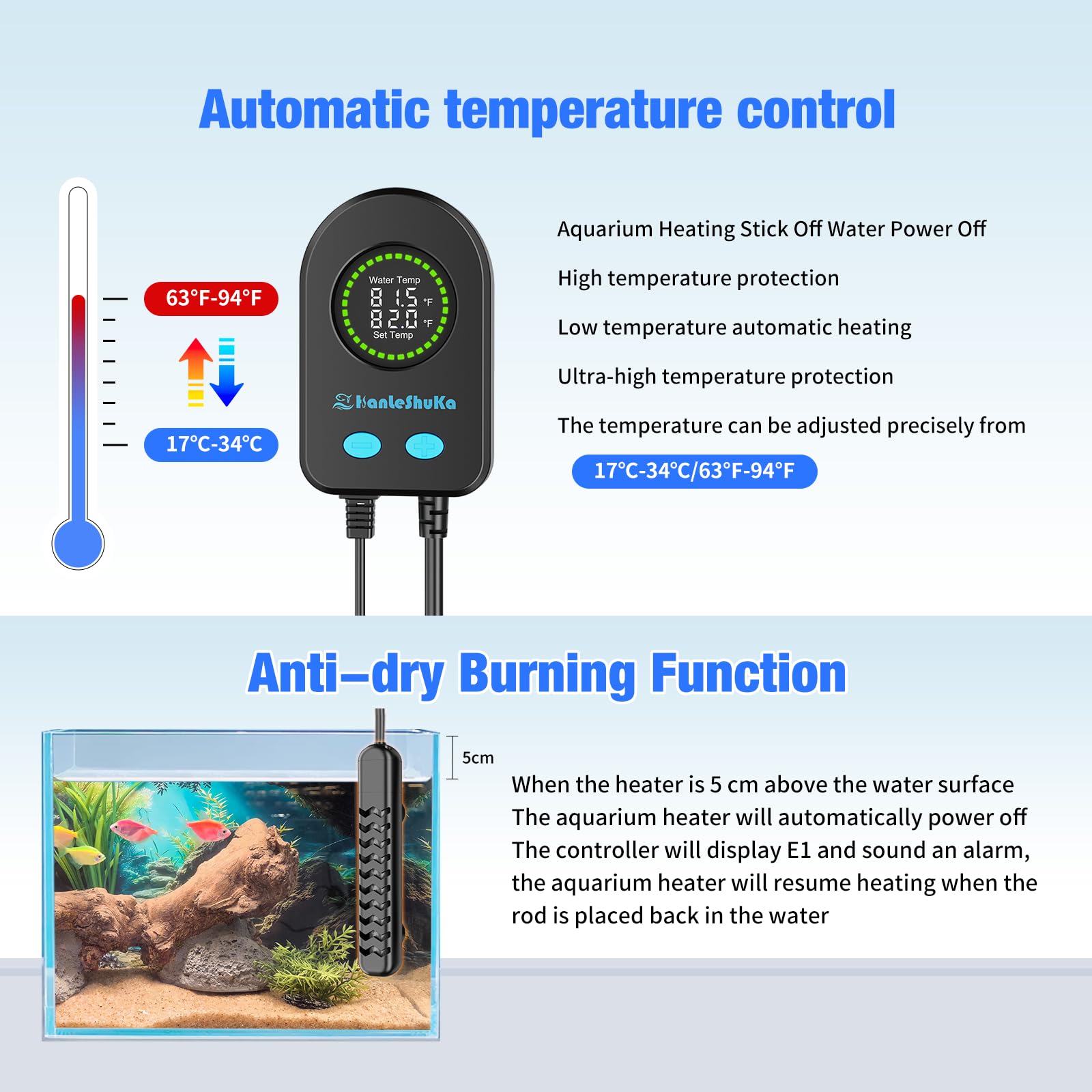 HANLESHUKA auto shut-off and dry-burn protection ensures safety when out of water