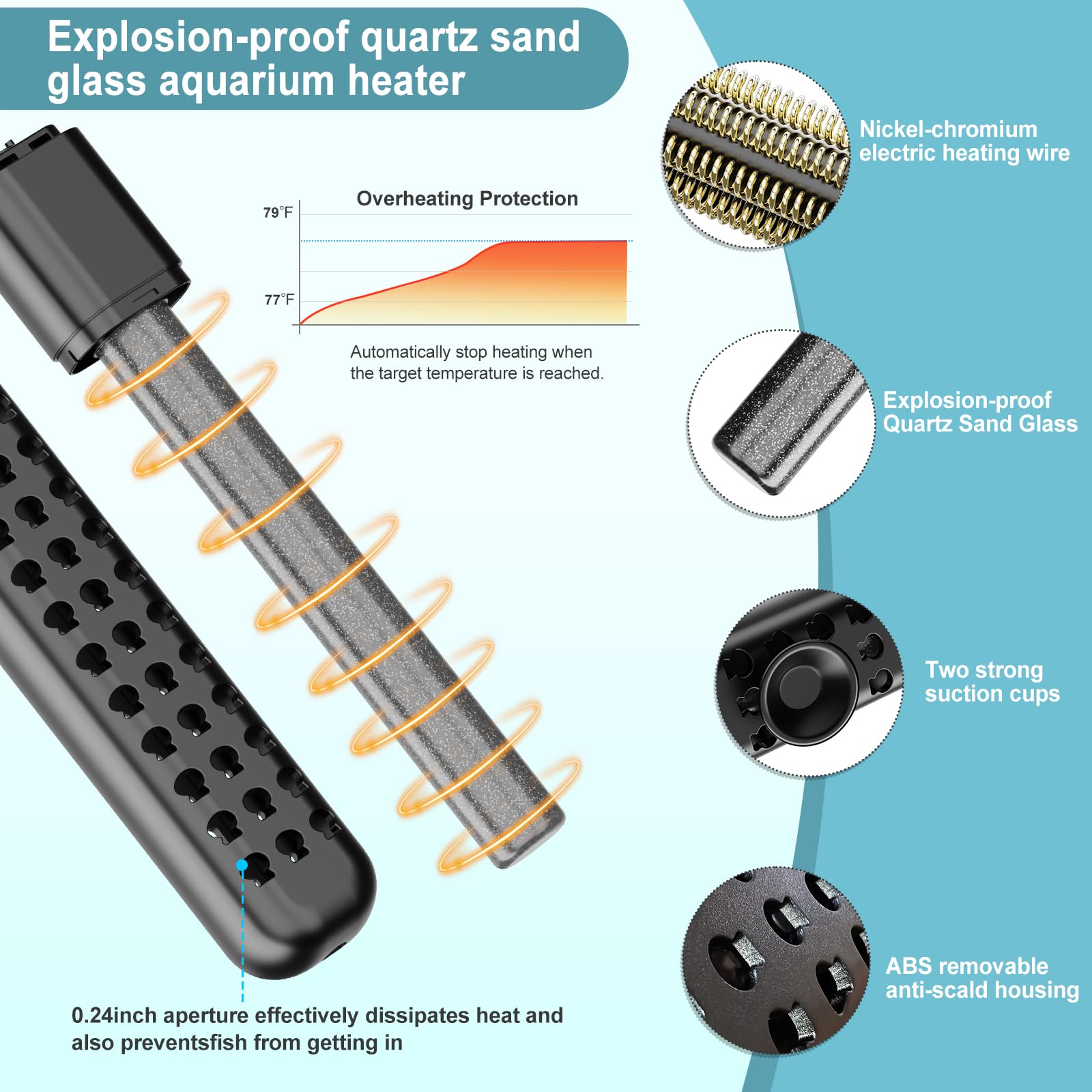 Explosion-proof quartz heating element is fully submersible for freshwater and saltwater.