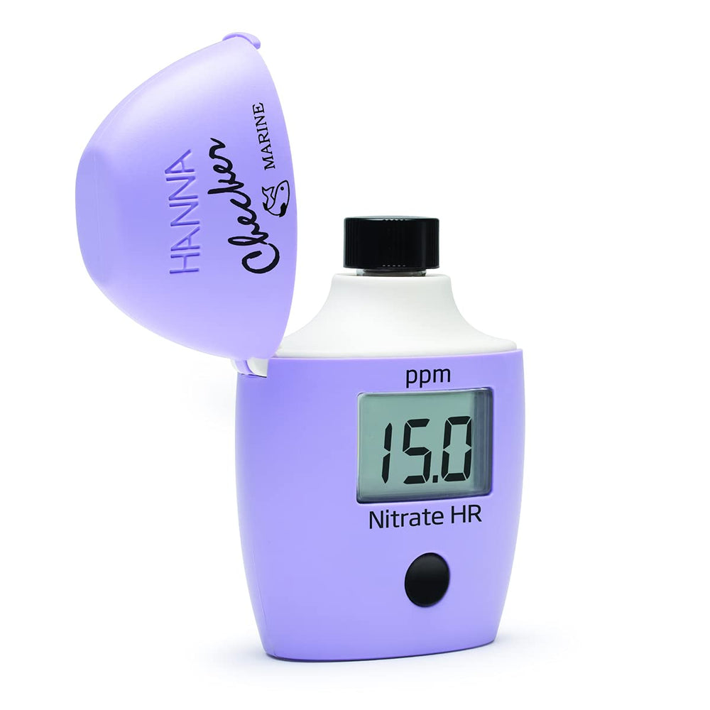 Hanna HI782 nitrate checker in-use with saltwater sample, digital accuracy for reef tanks.