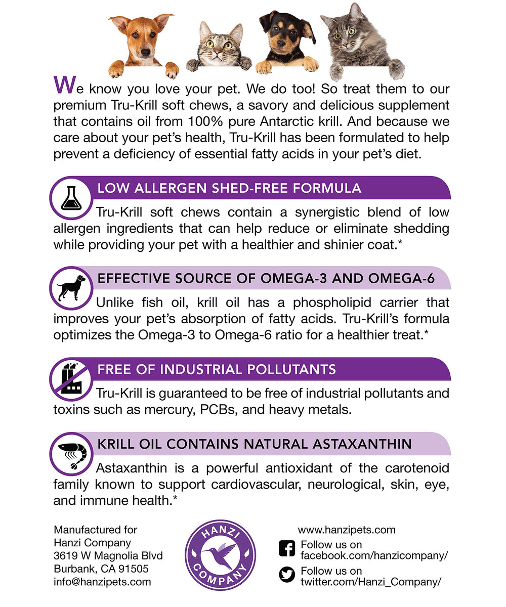 Hanzi Pets Krill Oil soft chews bag label highlighting low allergen recipe for dogs.