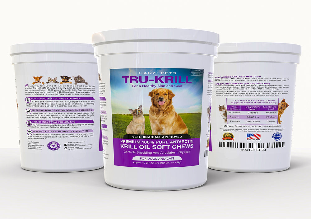 Hanzi Pets Krill Oil nutrition label closeup highlighting omega-3 and astaxanthin content.