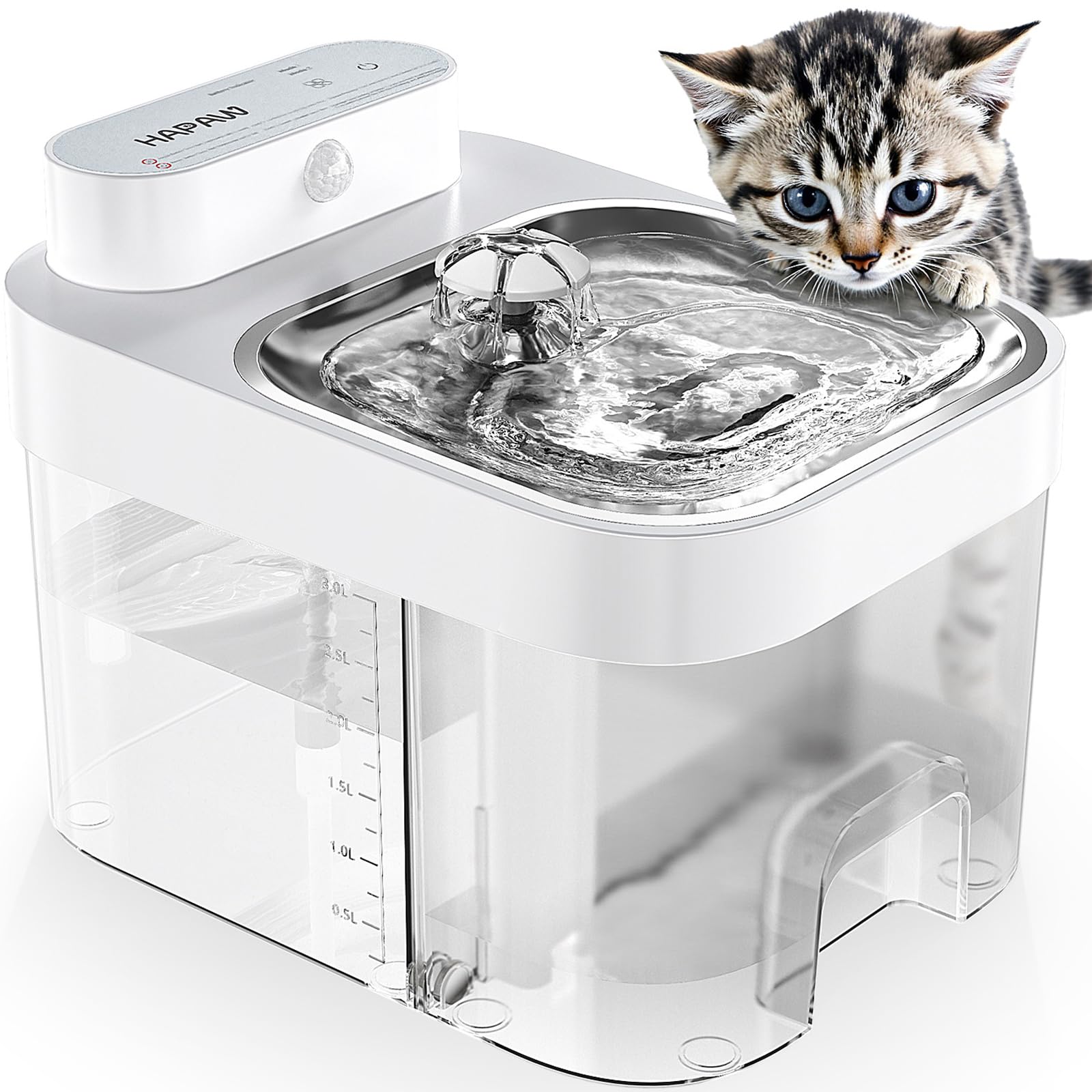 HAPAW cat water fountain front view shows compact indoor design for small spaces