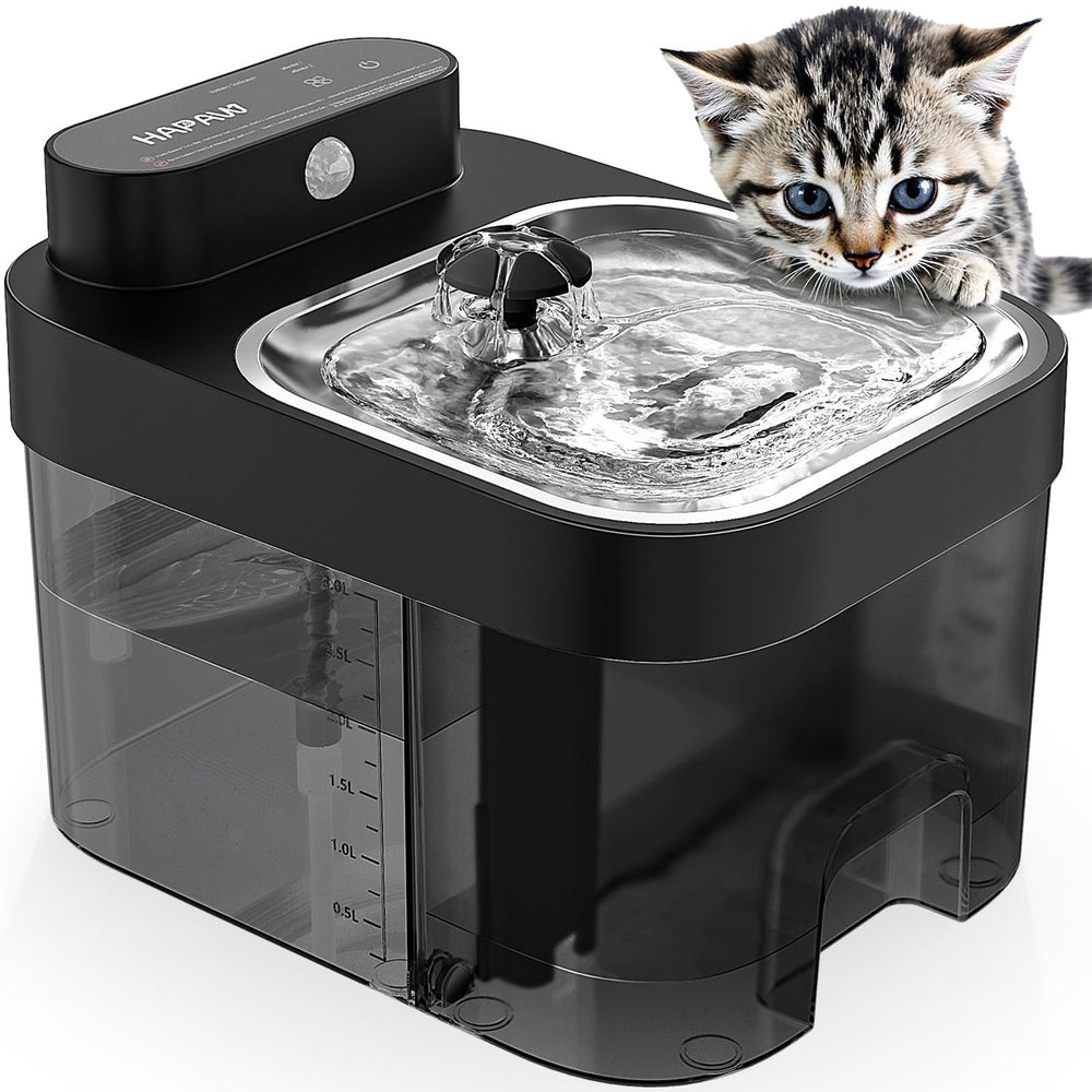 HAPAW cat water fountain front view for quiet, home hydration.