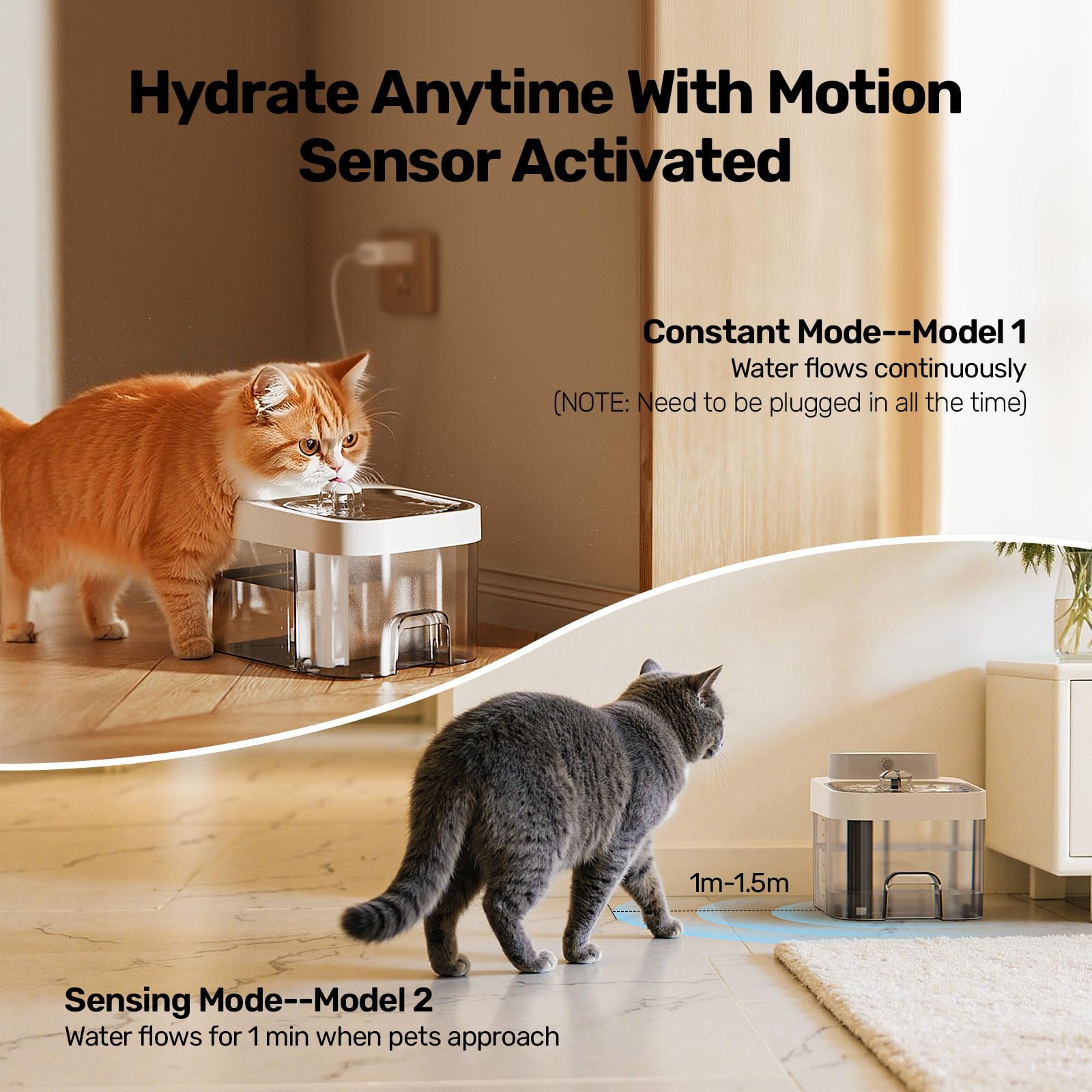 HAPAW cat water fountain plug in power image demonstrates constant flow at home