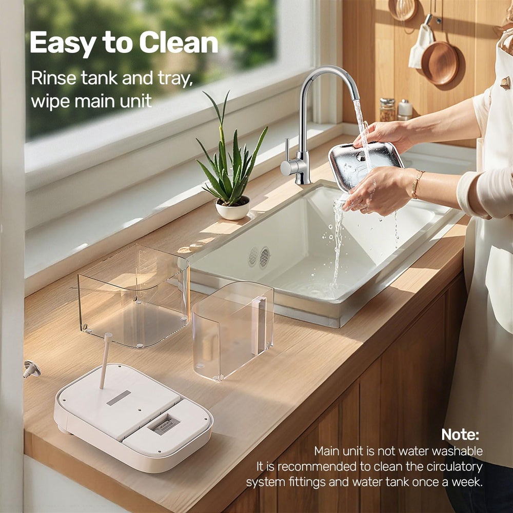 HAPAW cat water fountain stainless steel tray close up suggests durable easy clean surface