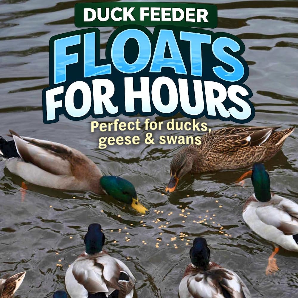 Hapetrails Duck Feeder bobbing on water keeps pellets accessible for visiting ducks.