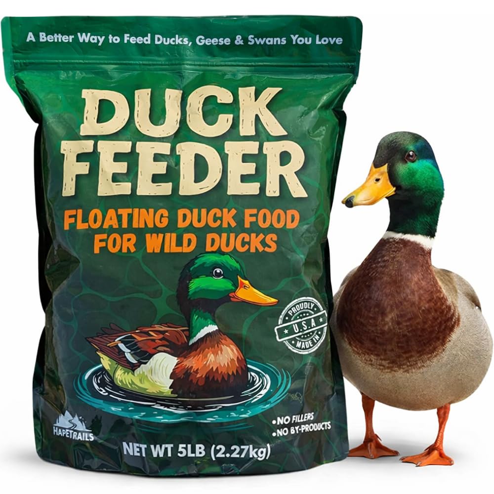 Hapetrails Duck Feeder floating pellets on a pond promoting natural feeding and cleaner water.