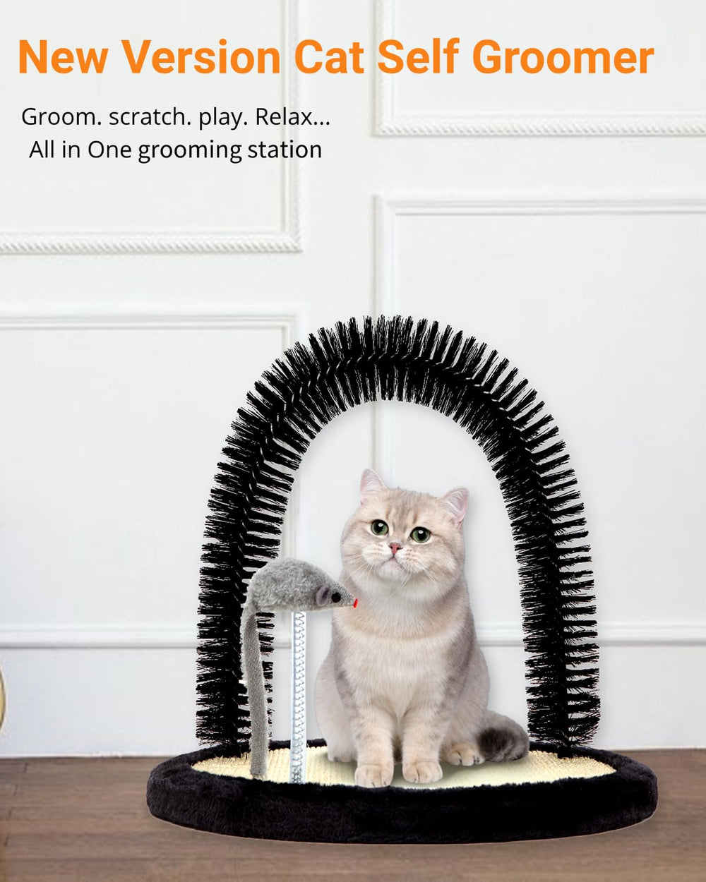 Happi N Pets cat self groomer interactive mouse toy extends entertainment between sessions.