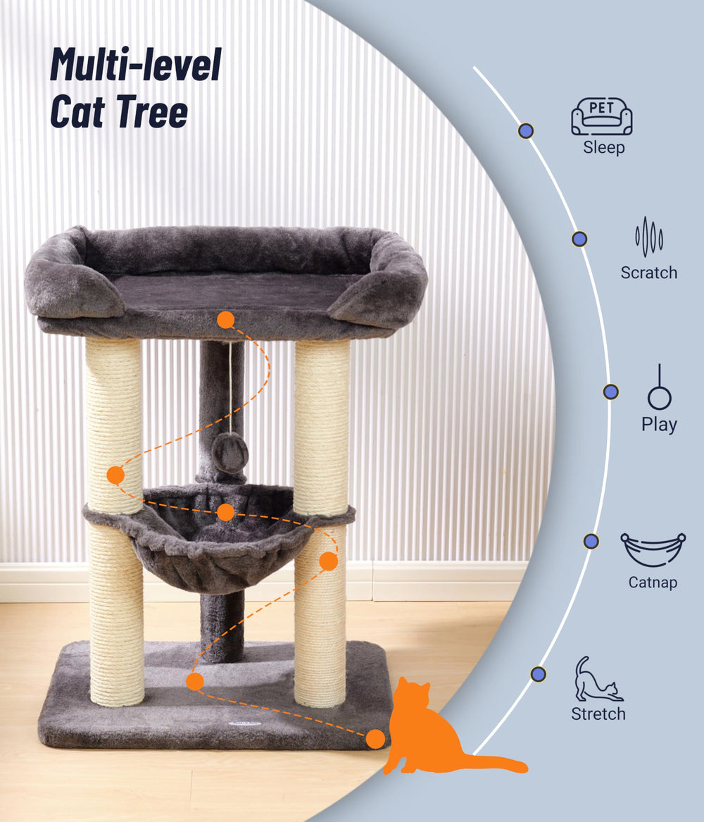 Happi N Pets cat tree sisal posts satisfy scratching instincts while guarding furniture.