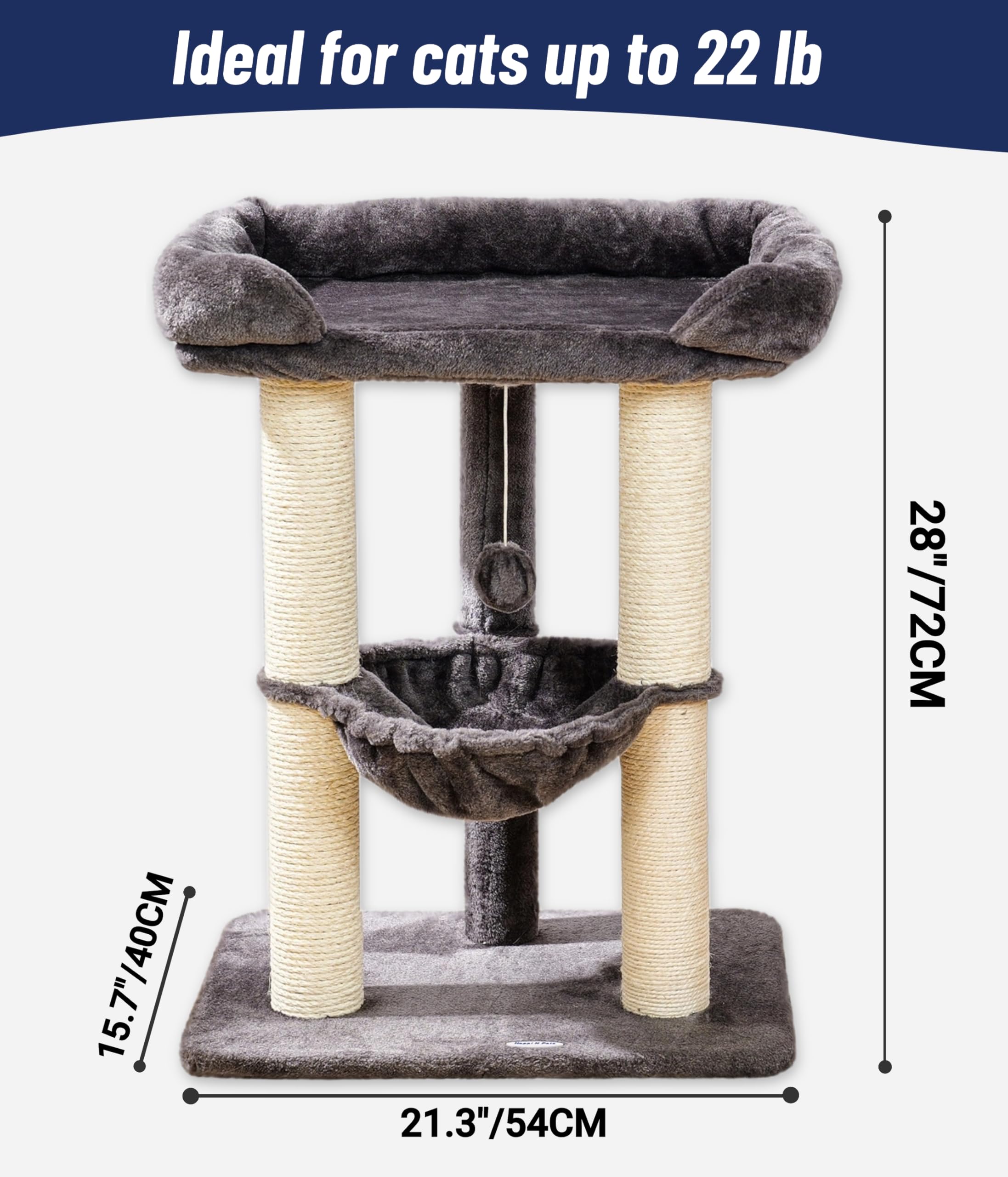 Happi N Pets cat tree stable base ensures rock-solid stability during playful sessions.