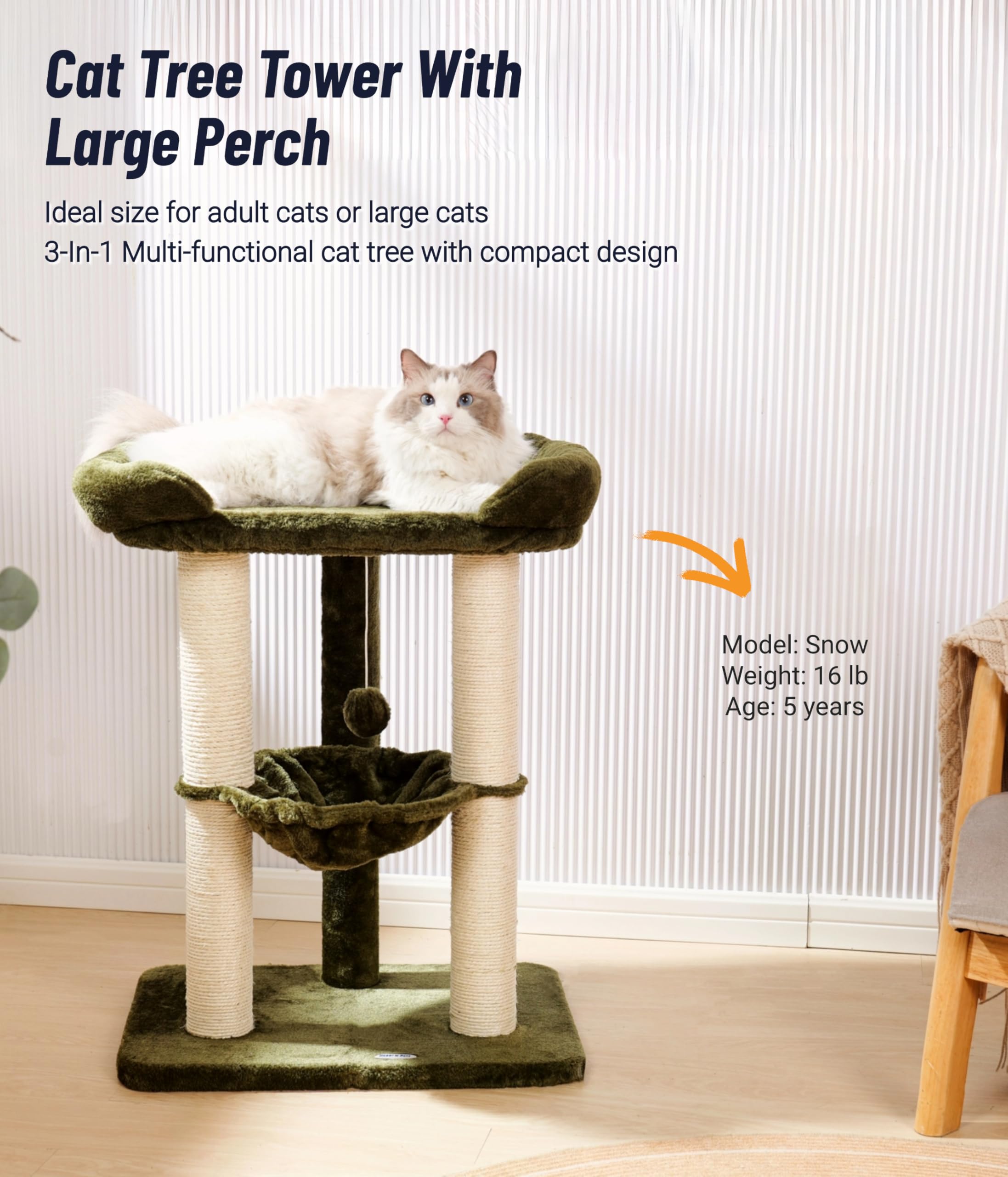 Happi N Pets cat tree wide bed offers ample lounging space and window views.