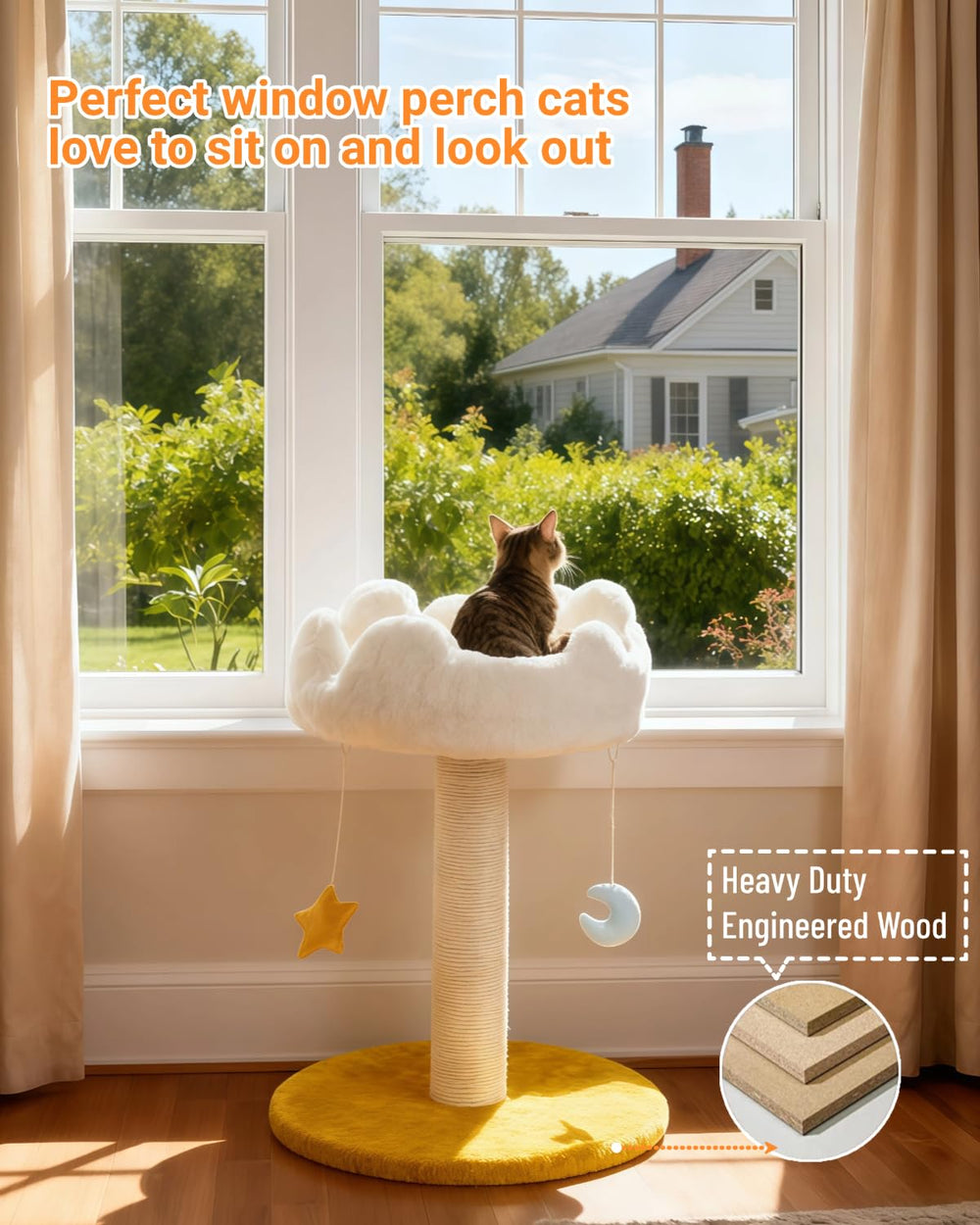 Happi N Pets cloud cat tree with dangling moons and stars for playful enrichment.