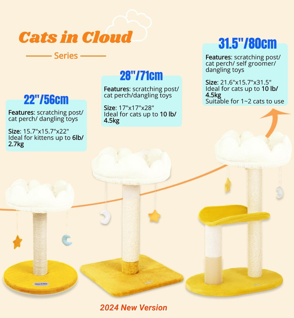 Happi N Pets cloud cat tree includes dangling toy for interactive play sessions.