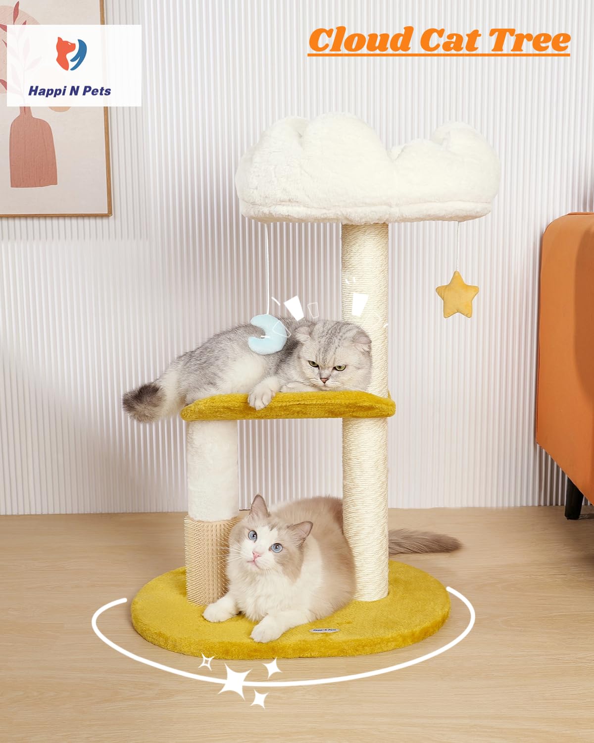 Happi N Pets cloud cat tree natural sisal posts satisfy scratching instinct while protecting furniture.