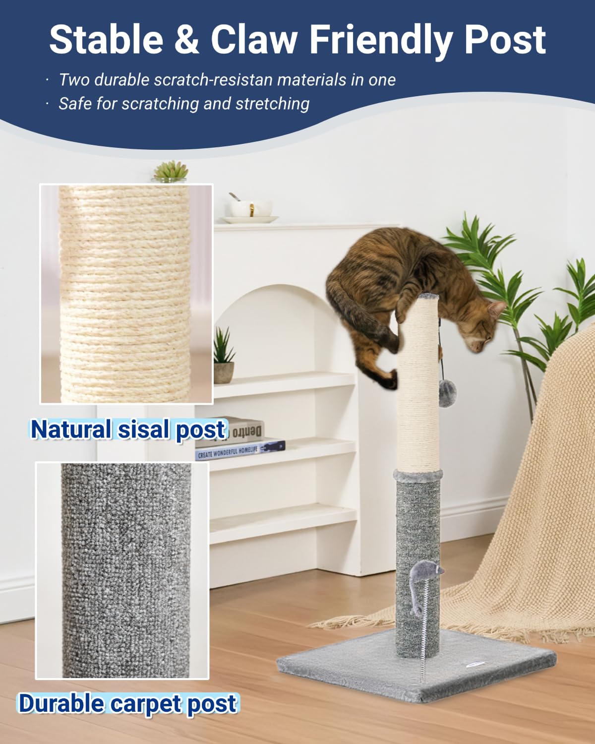 Happi N Pets sisal scratch post feature for durable clawing satisfaction