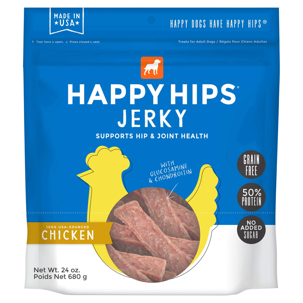Happy Hips Chicken Jerky treats in a 24 oz pouch, protein-rich reward for dogs.
