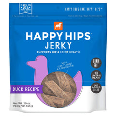 Happy Hips Duck Recipe Jerky bag showing grain-free, protein-rich treats for active dogs