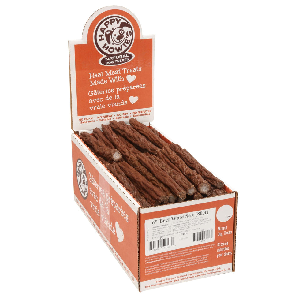 Happy Howie's Beef Woof Stix pack shown as a soft chew treat