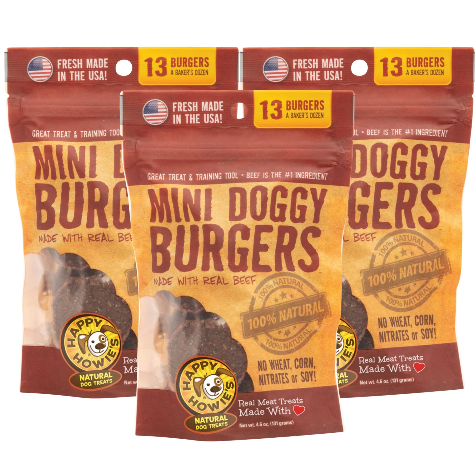 Happy Howie's Mini Doggy Burgers pack of 3, long-lasting beef treats for chewers.