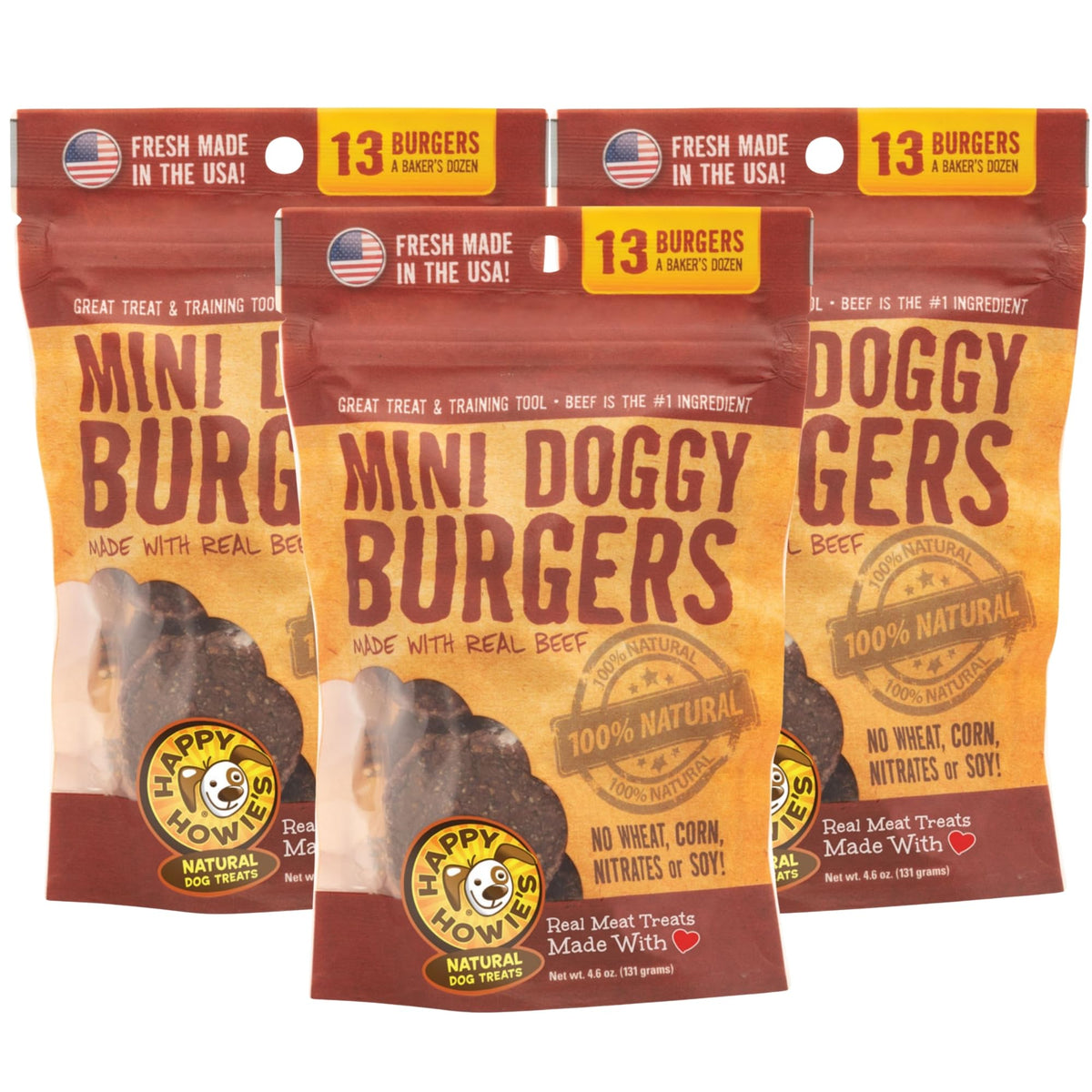 Happy Howie's Mini Doggy Burgers pack of 3, long-lasting beef treats for chewers.