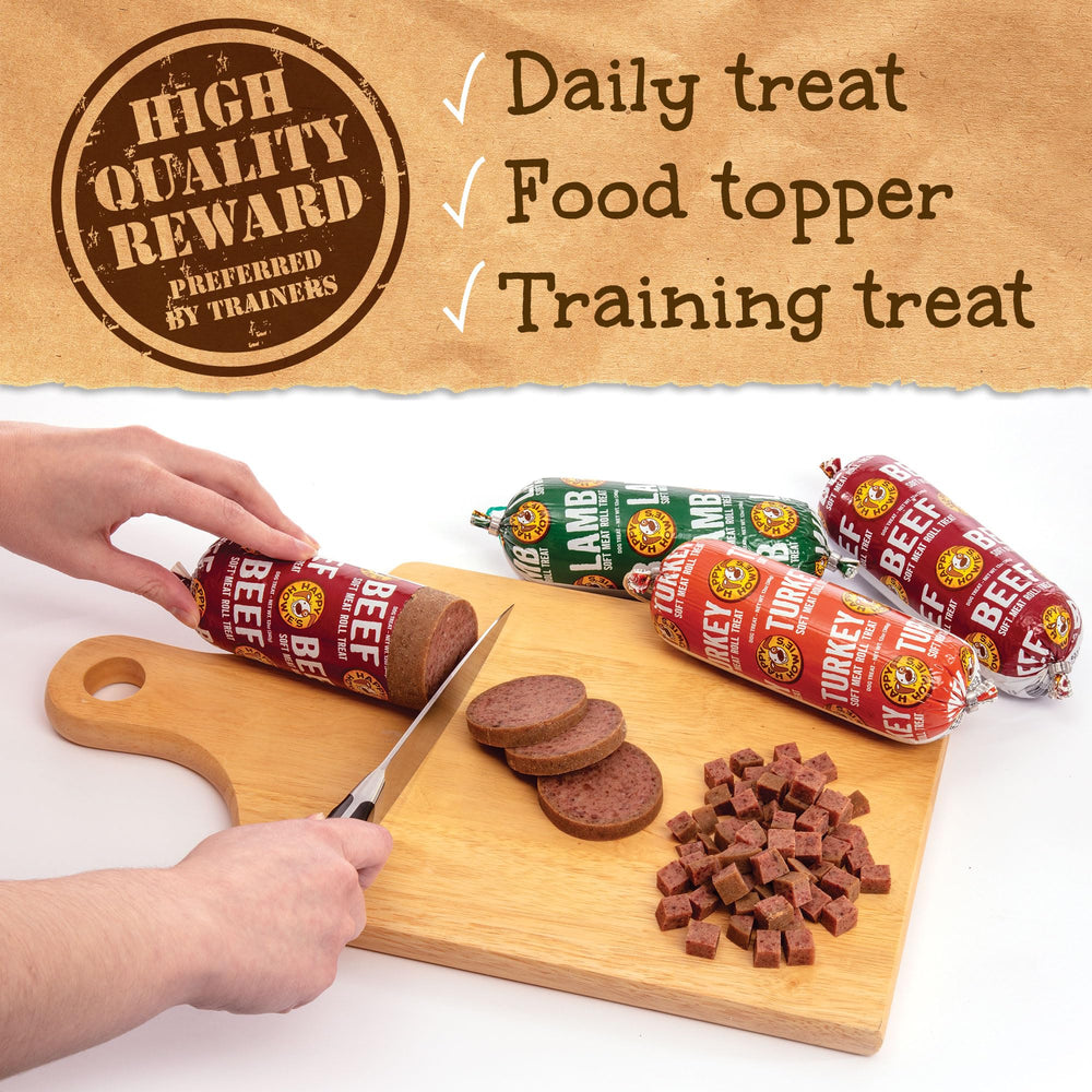 Sliced portions of Happy Howie's Beef Soft Meat Roll for custom rewards.