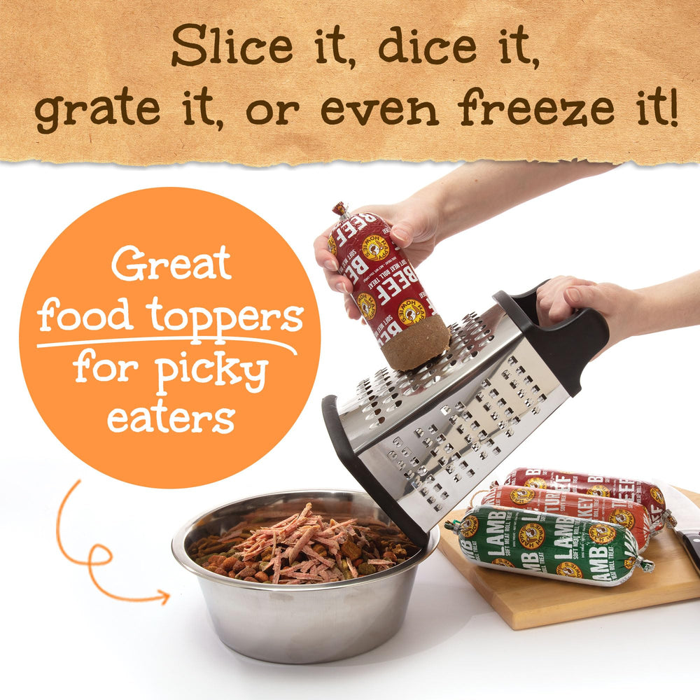 Happy Howie's Soft Meat Roll grated over dog food for meals.