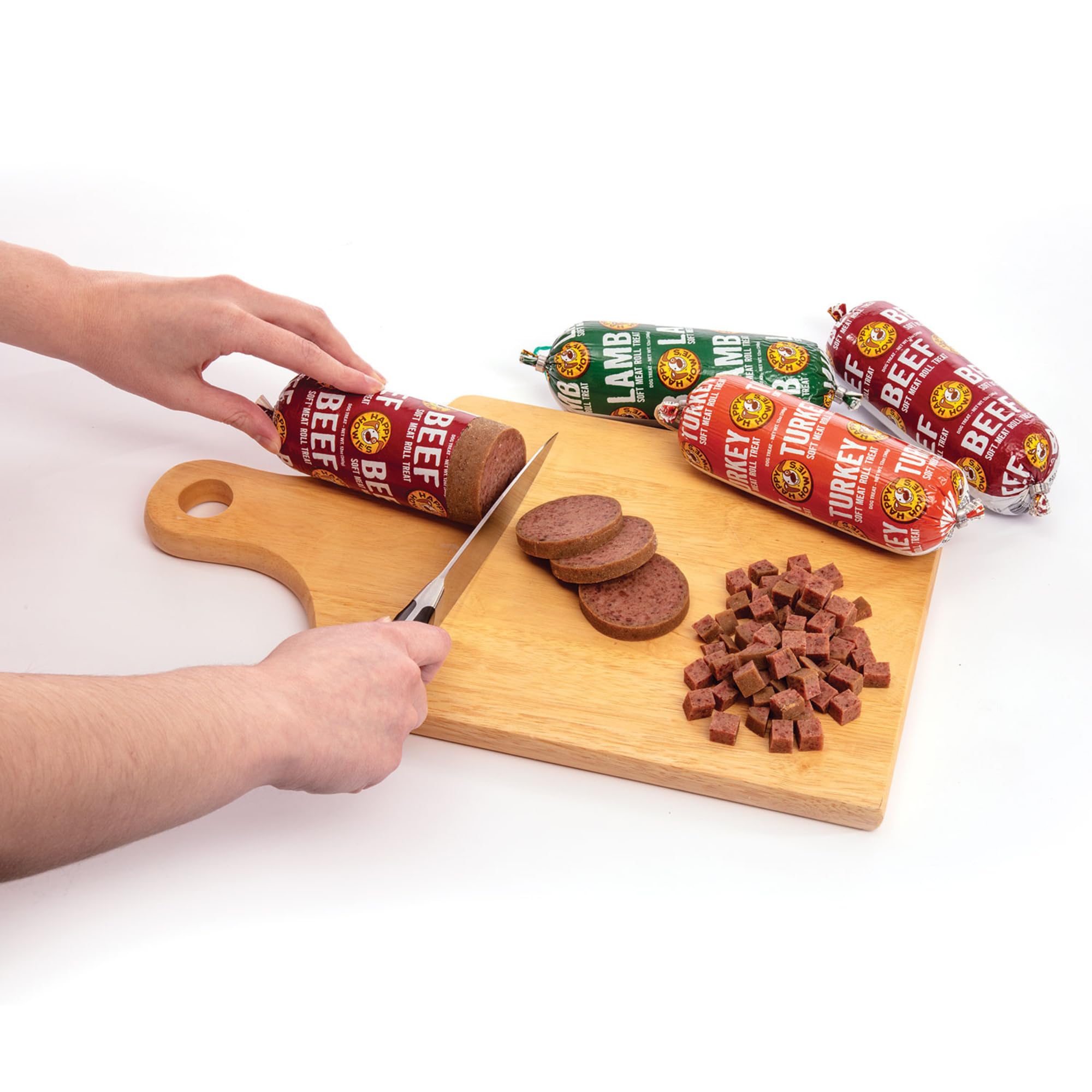 Happy Howie's Soft Meat Roll portion cut demonstrates customizable sizes for dogs.