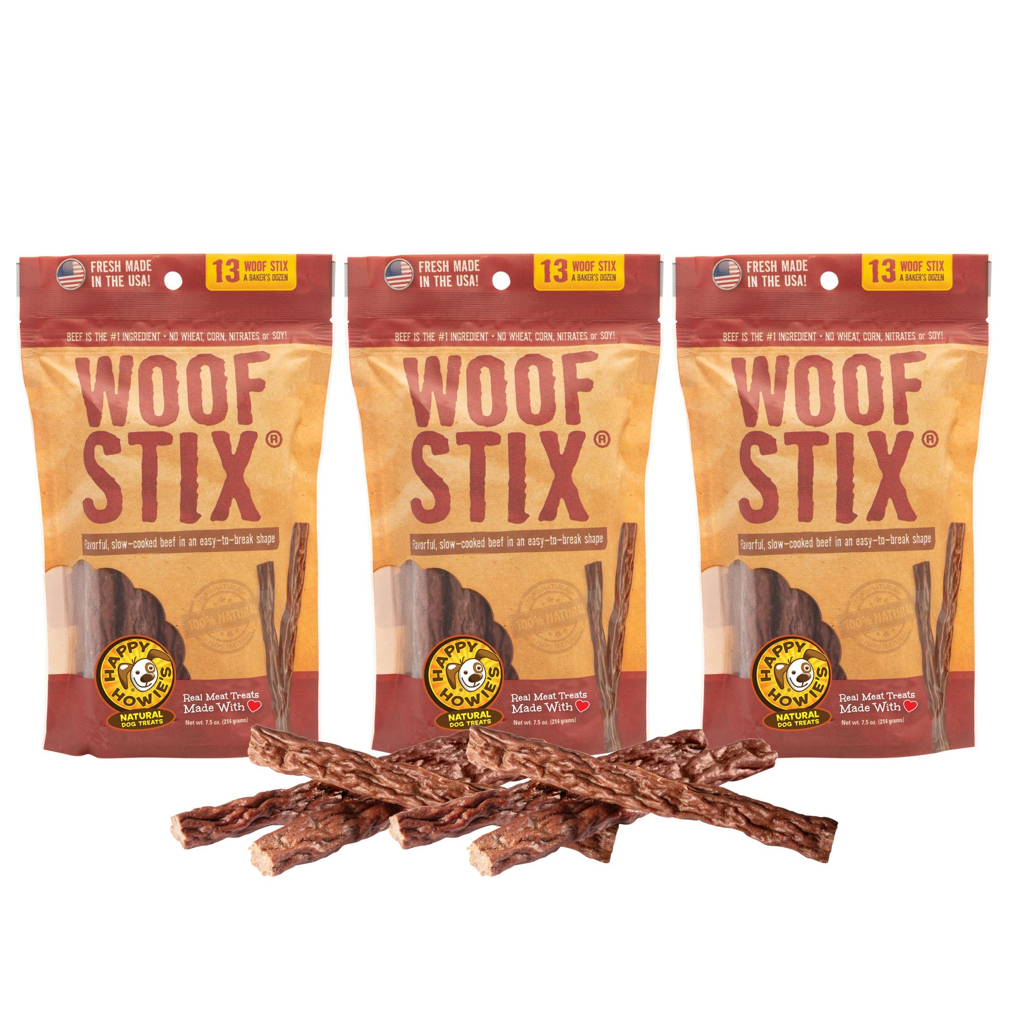 Happy Howie's Woof Stix pack shot—natural, hormone-free treats for dogs.