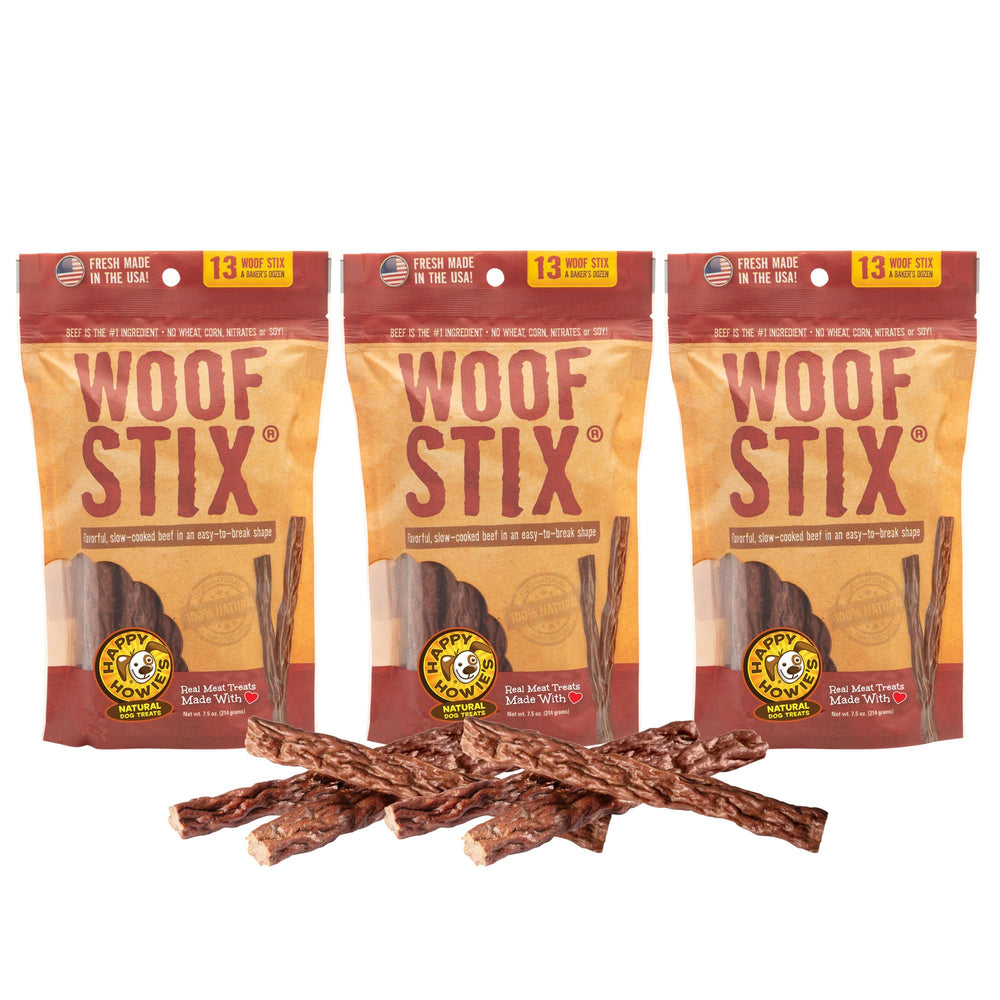 Happy Howie's Woof Stix pack shot—natural, hormone-free treats for dogs.