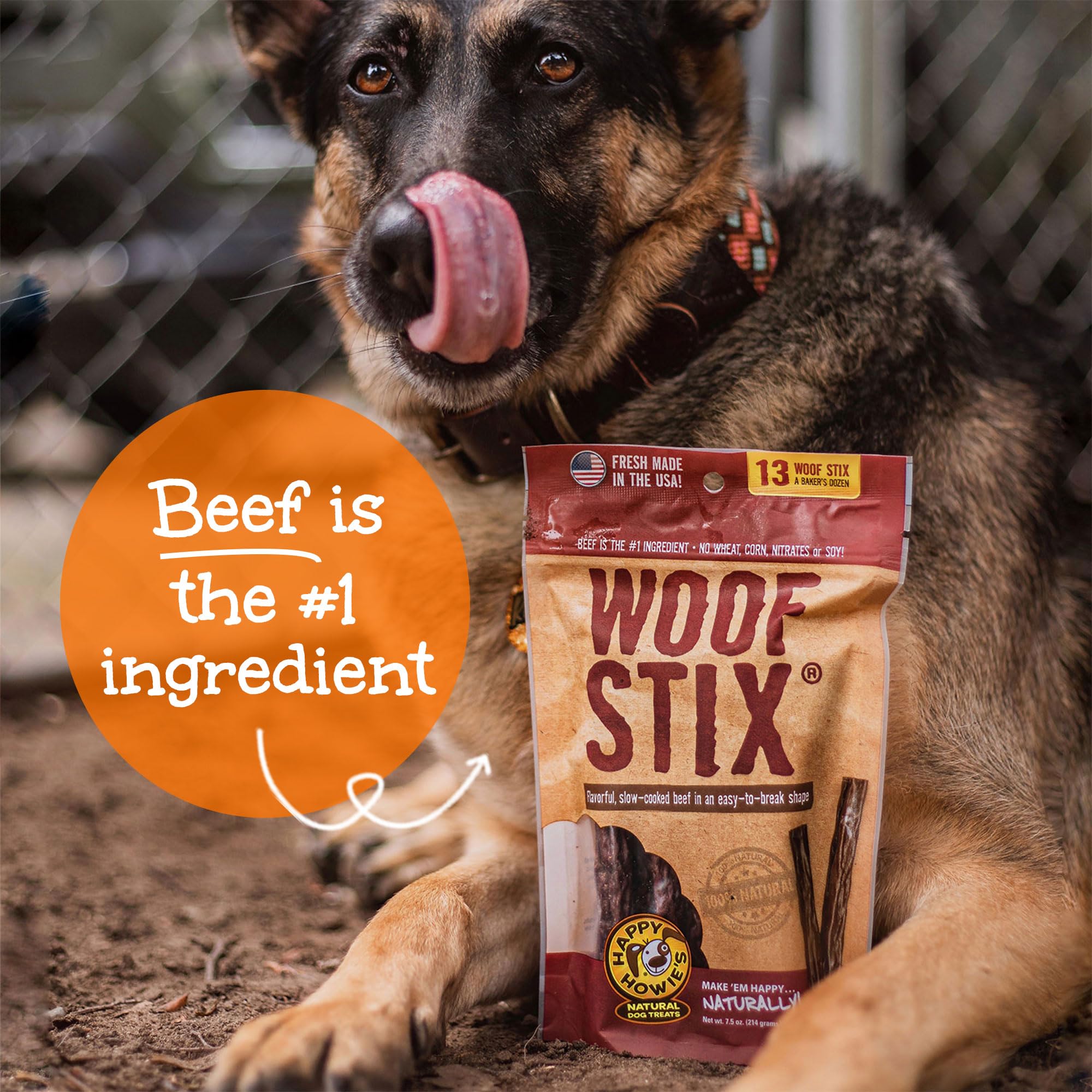 Soft, chewy Woof Stix—easy to chew for dogs of all sizes.