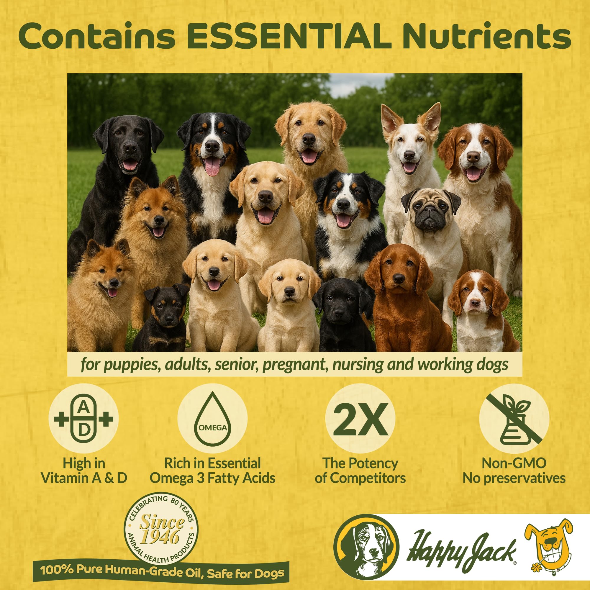 Happy Jack cod liver oil 16 oz bottle highlights premium care trusted by breeders.