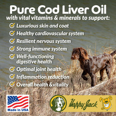 Happy Jack cod liver oil bottle pour highlights quick mixing into kibble for daily nutrition.