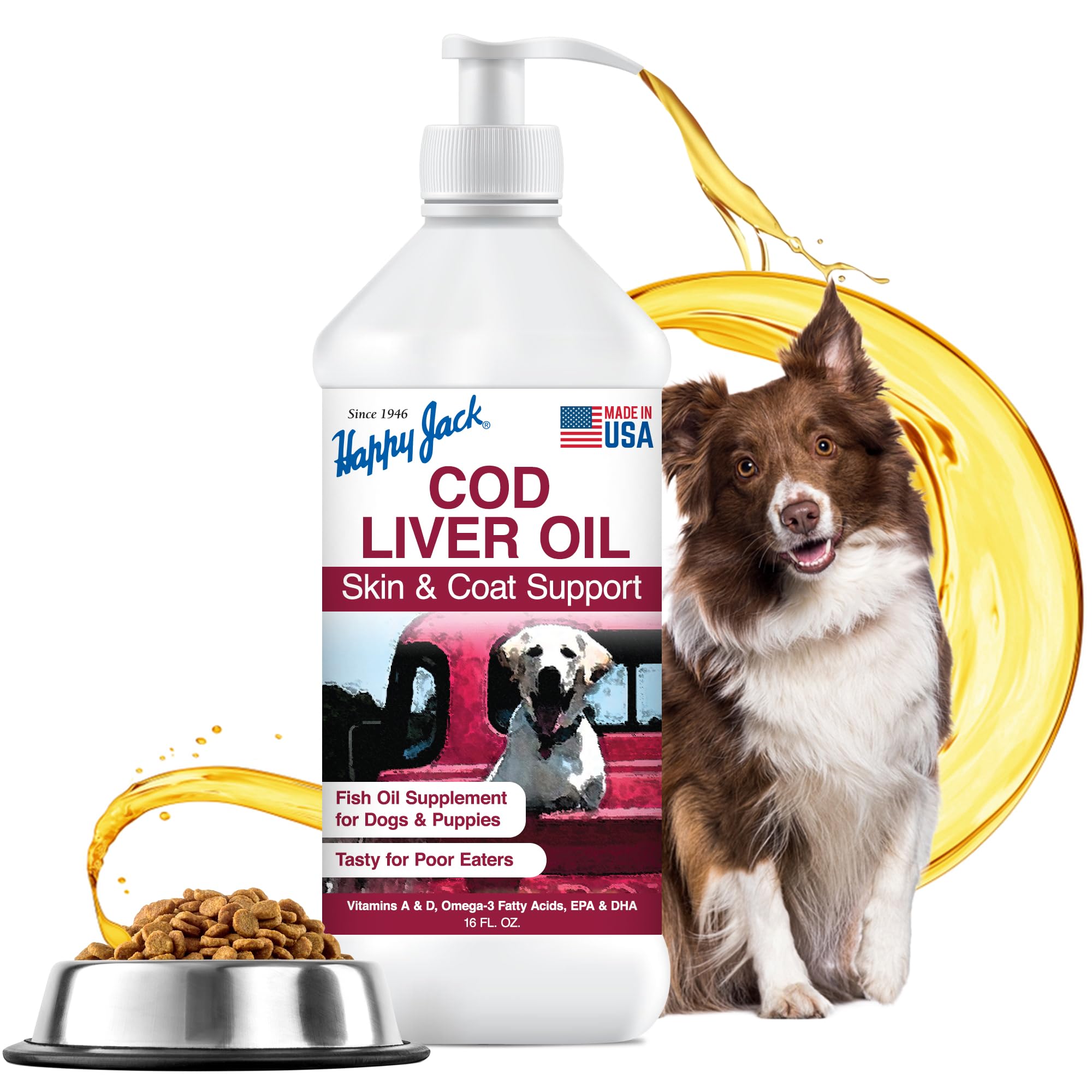 Happy Jack cod liver oil bottle showcases rich omega-3 for dogs' coat and joints.