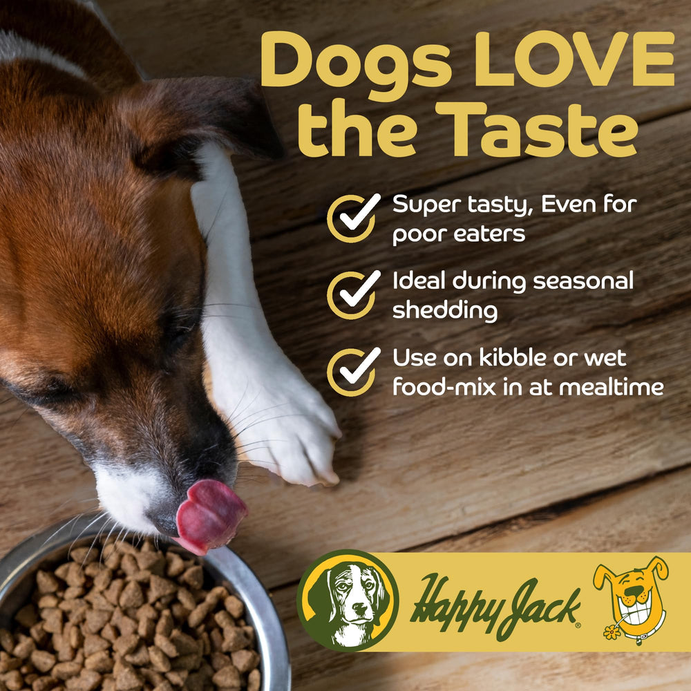 Happy Jack cod liver oil kibble-topper shows an easy daily boost for meals.