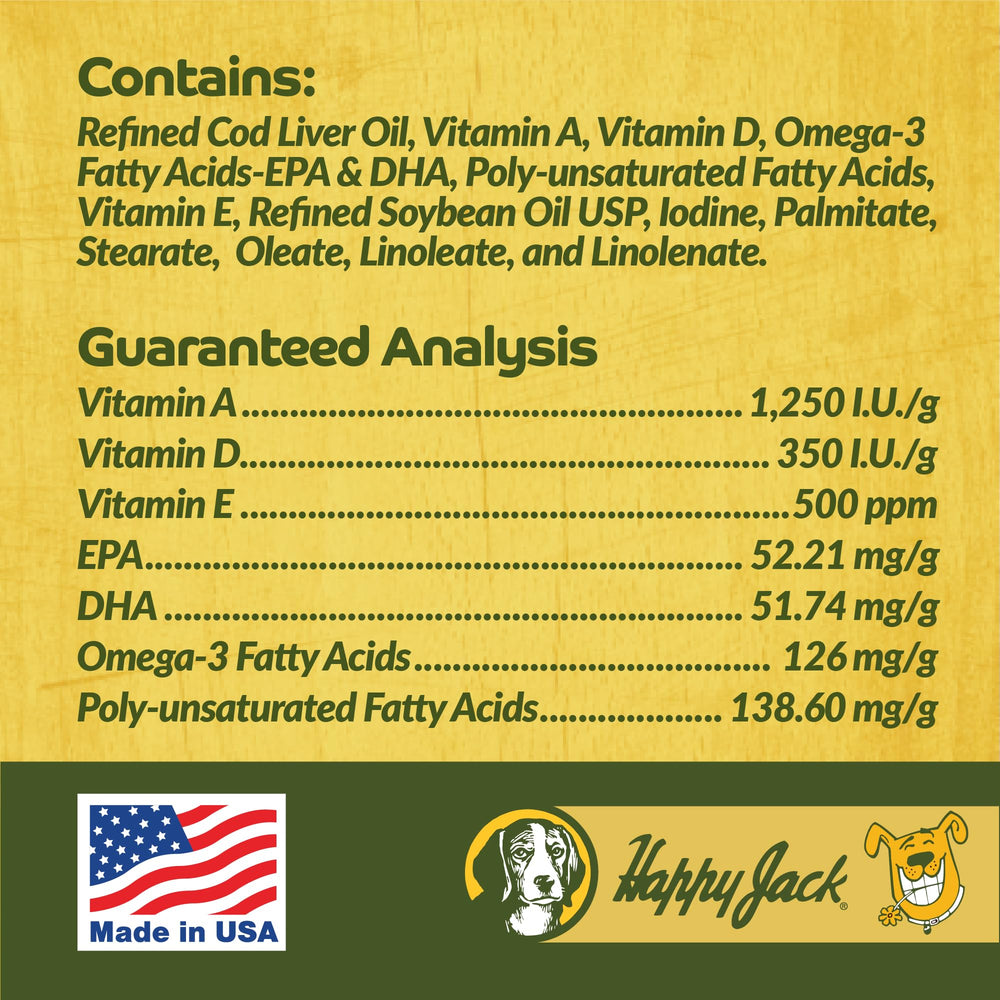 Happy Jack cod liver oil label highlights vitamin A and D for skin health.