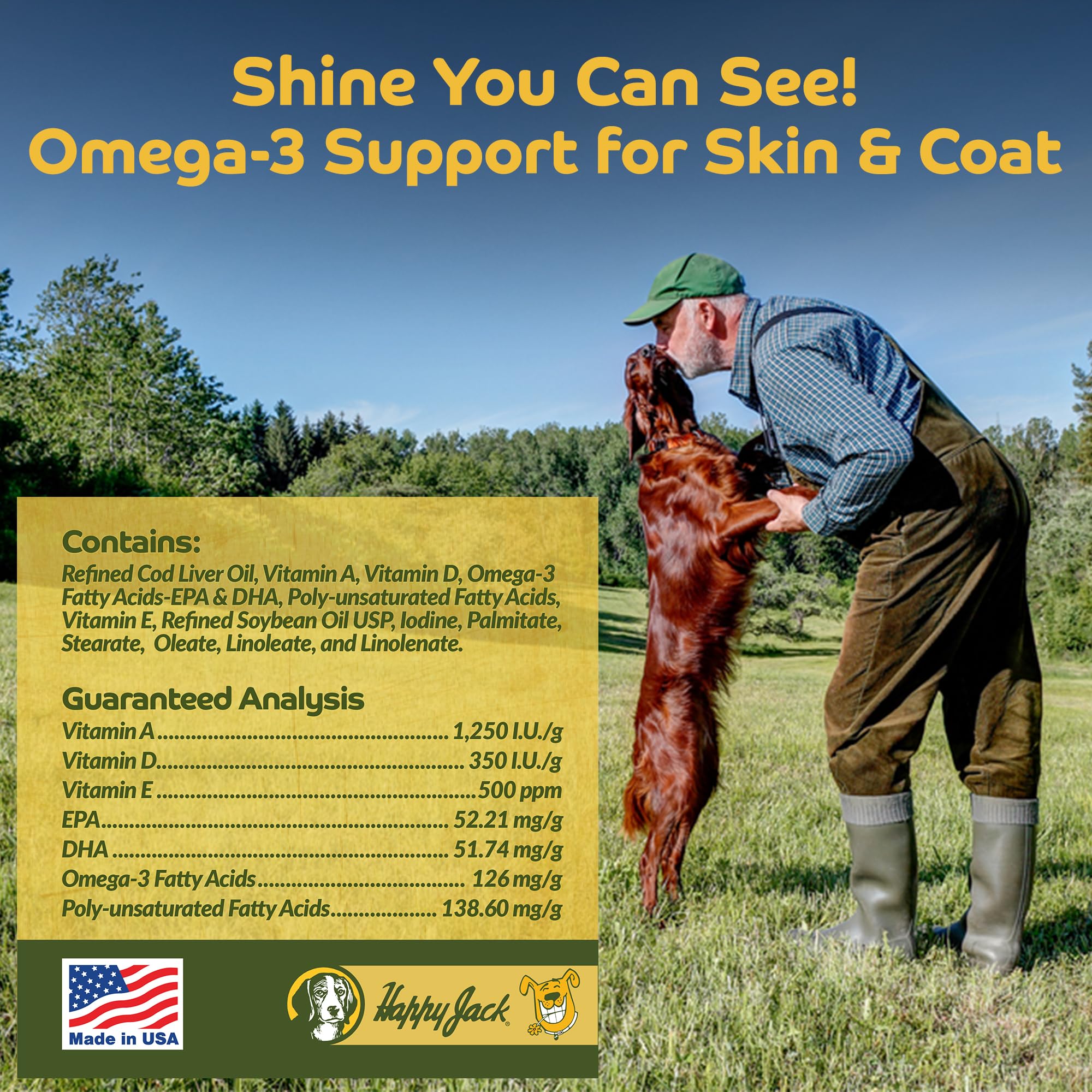 Happy Jack cod liver oil omega-3 supplement promotes mobility and coat vitality in dogs.