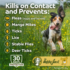 Happy Jack dog coat spray in action applying protection during grooming