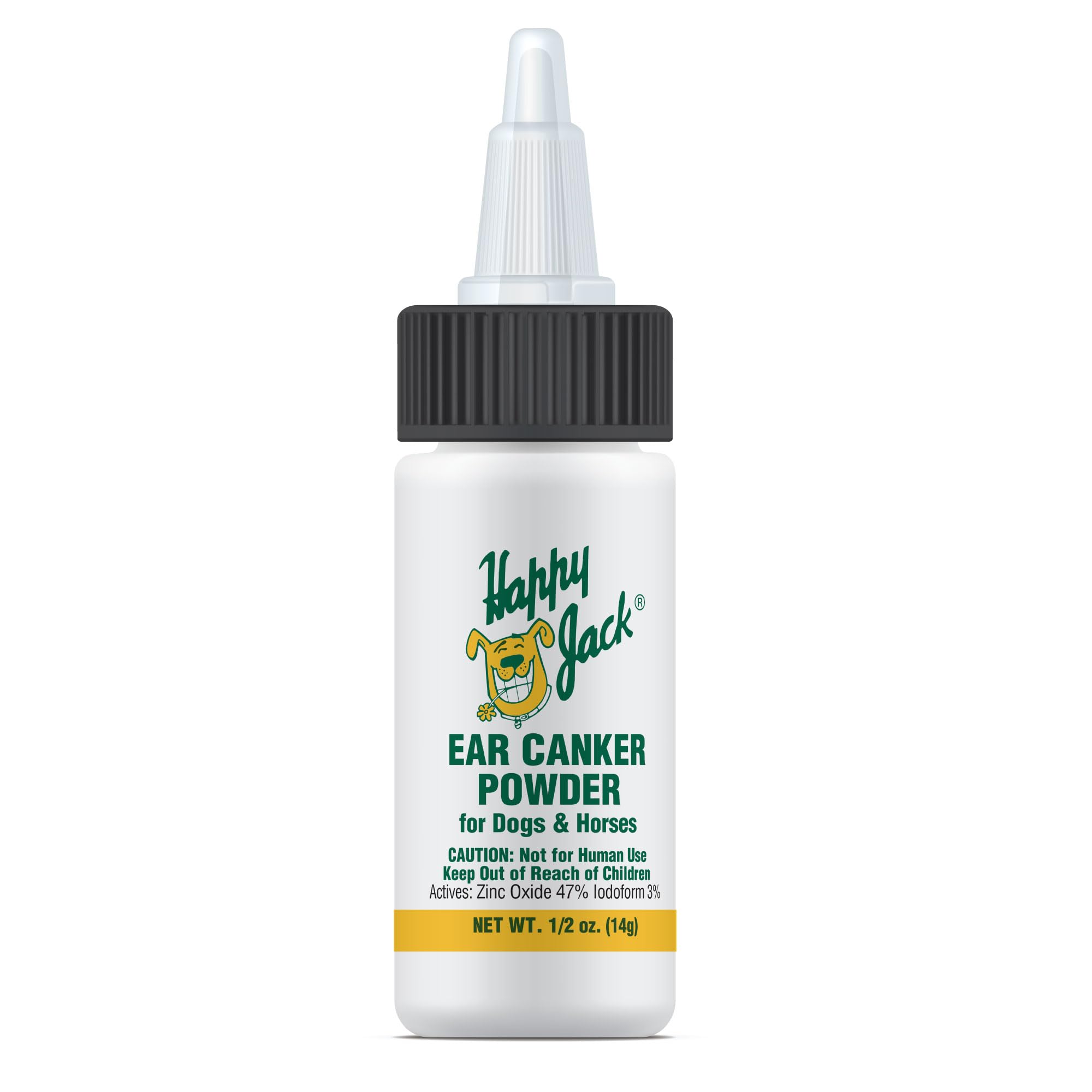 Happy Jack ear canker powder tin for canine ear care and routine relief