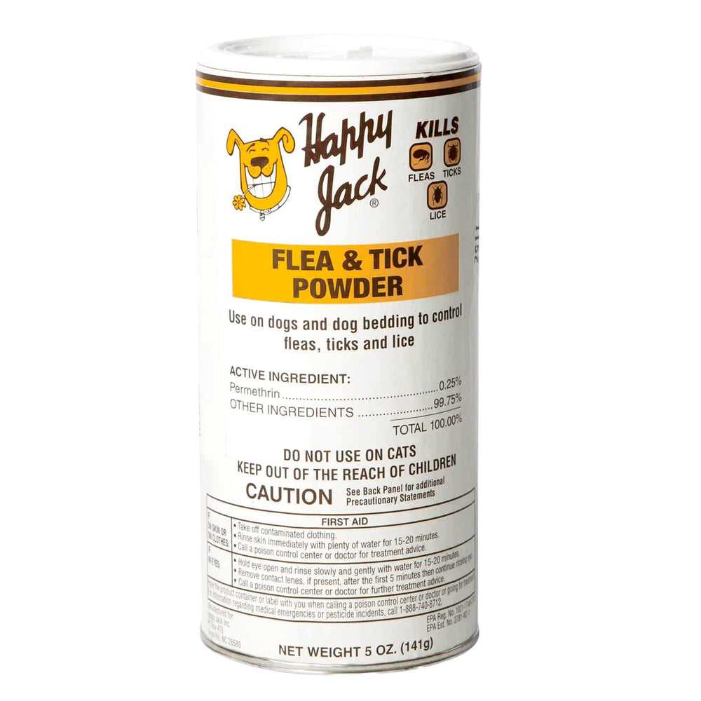 Happy Jack flea powder visible around a dog's crate and bedding for pest management.
