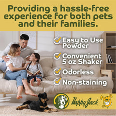 Dusting Happy Jack powder in a kennel to help prevent ticks.