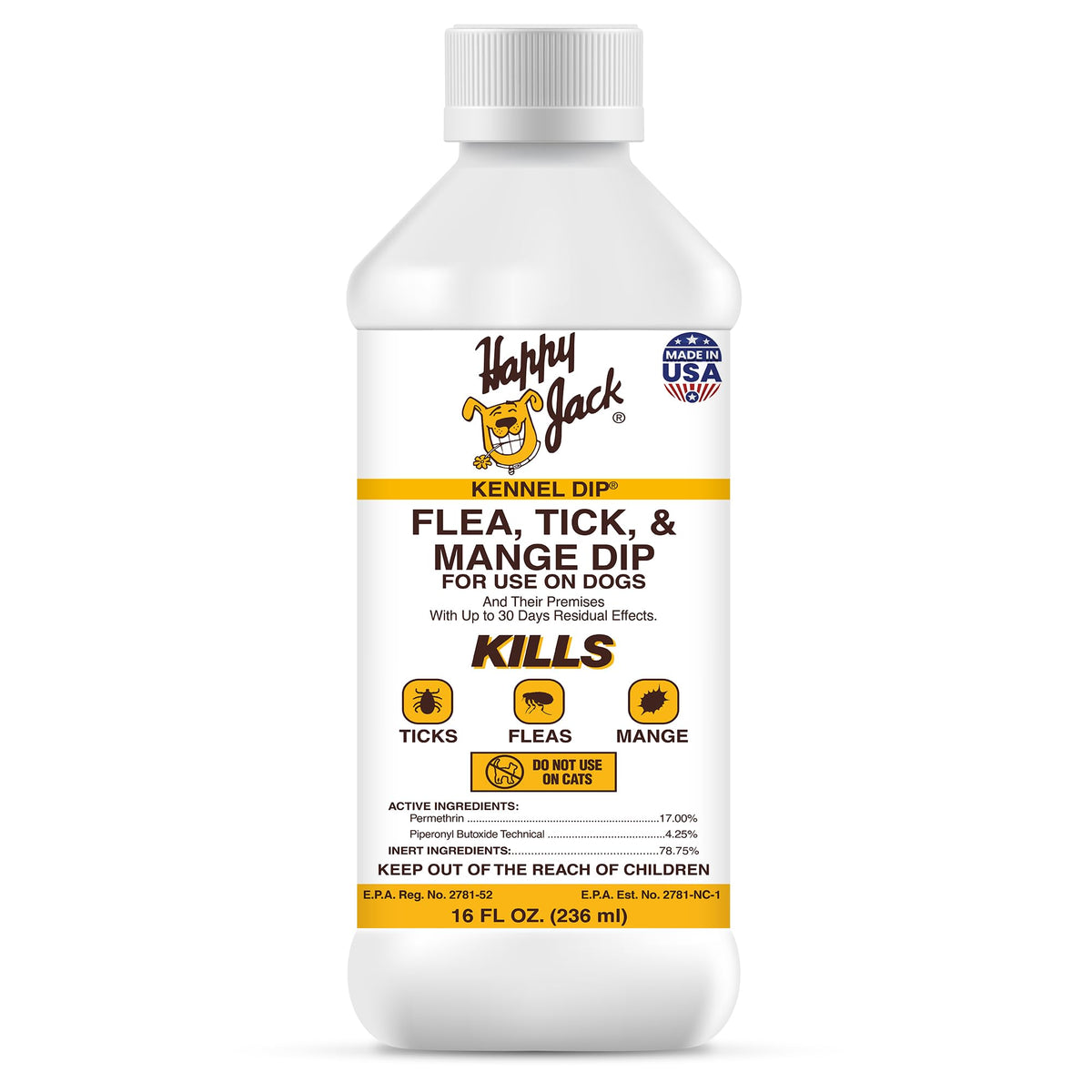 Happy Jack Kennel Dip bottle label signaling trusted dog pest control for home use