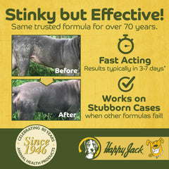 Happy Jack mange spot application area highlights targeted treatment on affected skin.