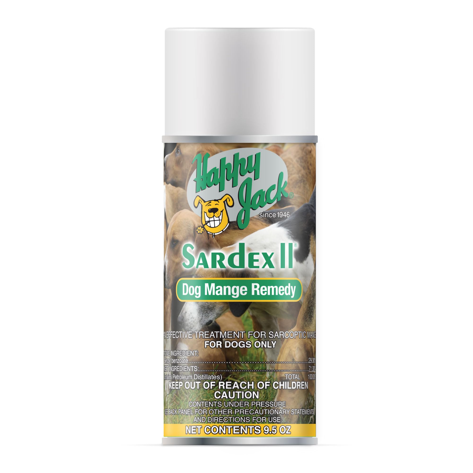 Happy Jack Sardex Mange Treatment bottle front with odorless formula for easy dog applications.