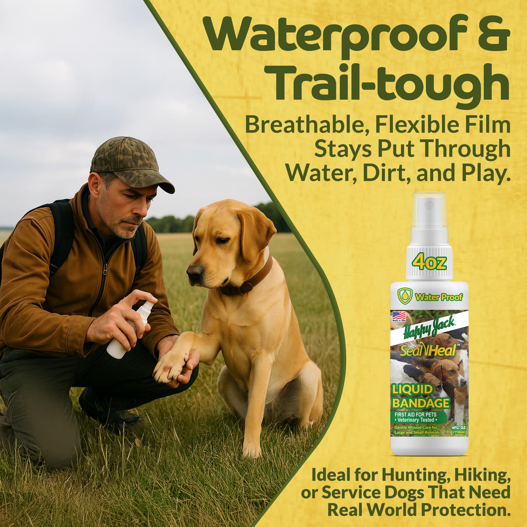 HAPPY JACK Seal 'N Heal spray-action demonstrates quick application for minor injuries.