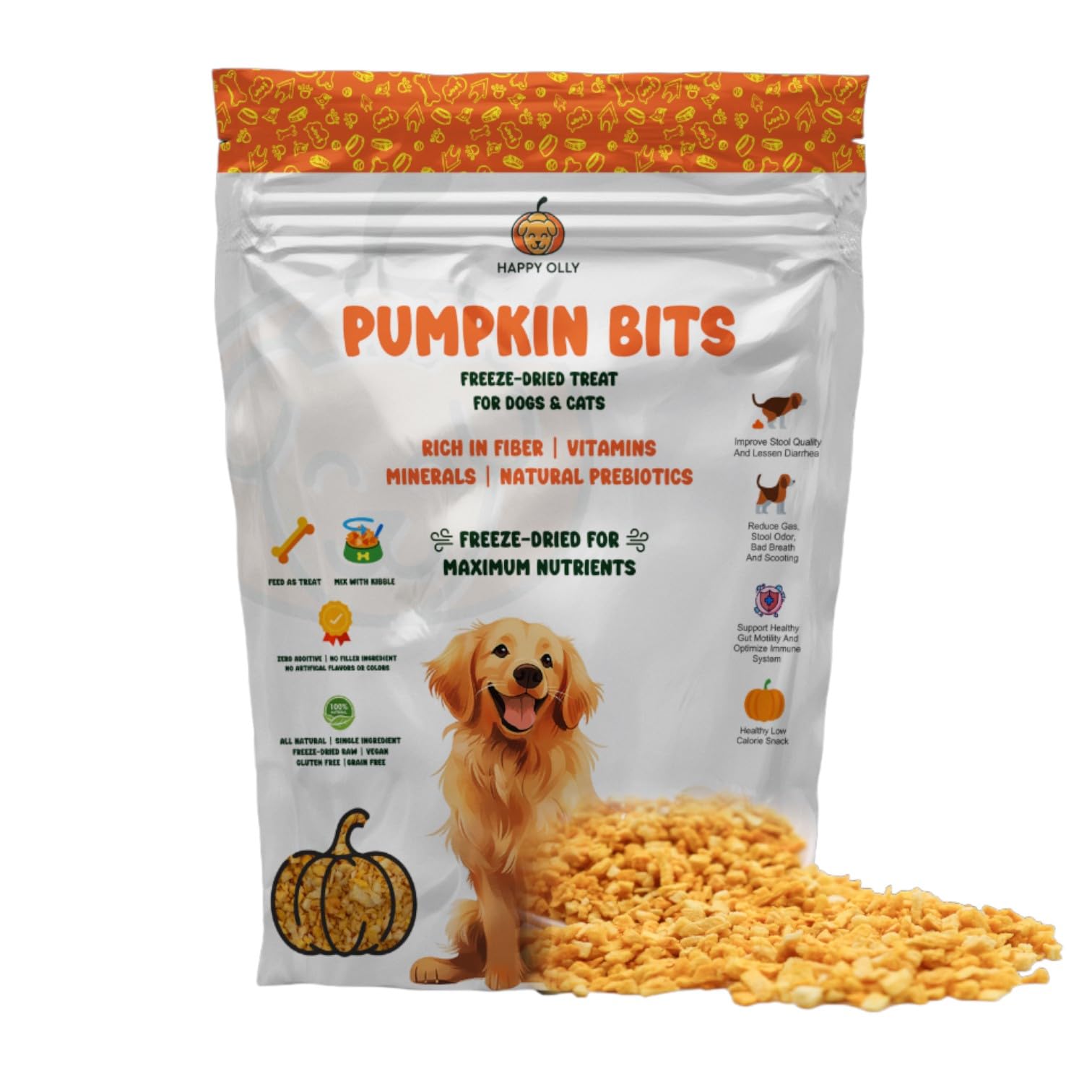 Happy Olly pumpkin treats for dogs—package close-up, pure pumpkin for digestion support.