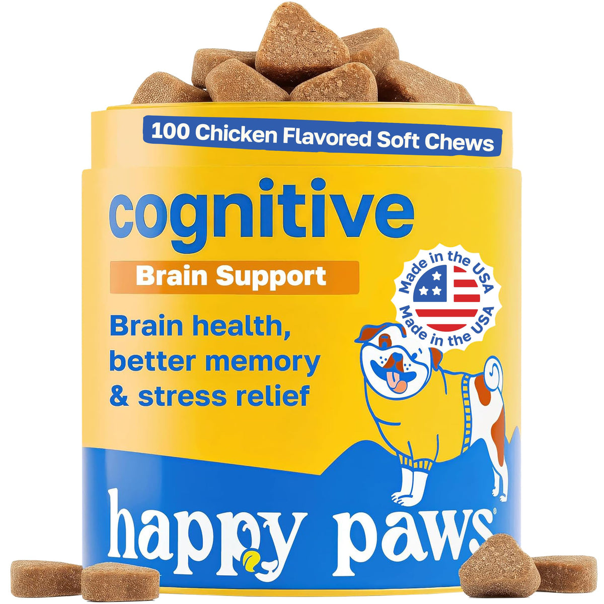 Happy Paws cognitive taurine soft chew on hand promotes mental focus.