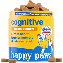 Happy Paws cognitive taurine soft chew on hand promotes mental focus.