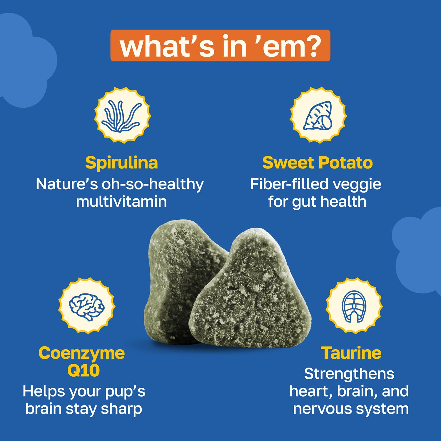Happy Paws taurine spirulina CoQ10 ingredients bottle highlights brain support.
