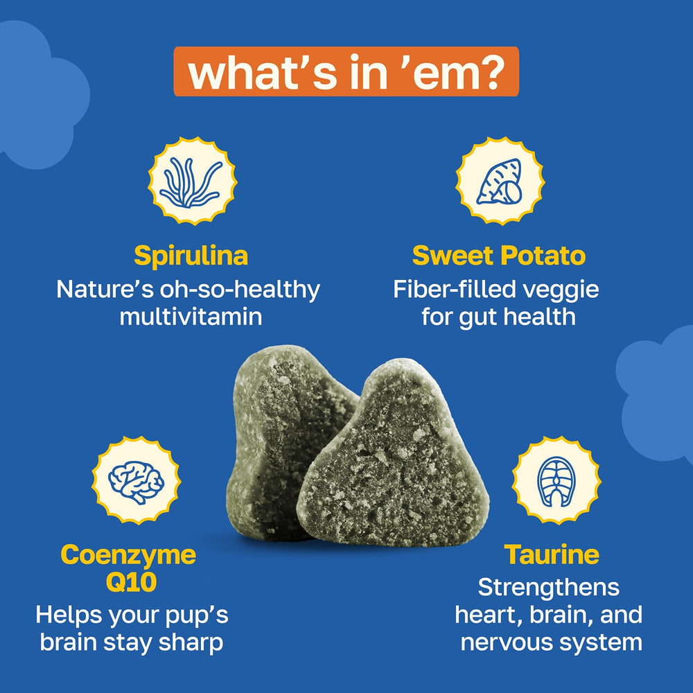 Happy Paws taurine spirulina CoQ10 ingredients bottle highlights brain support.