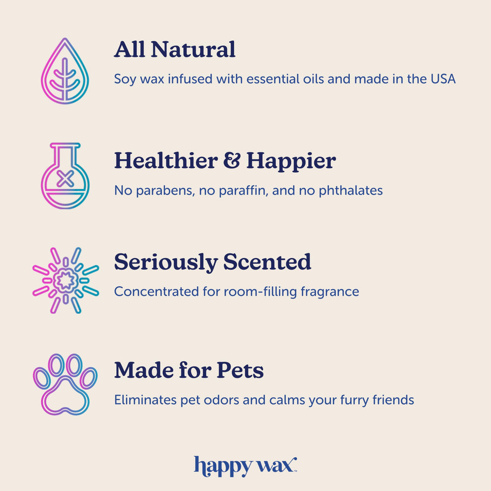 Happy Wax hand-poured in the USA ensures quality craftsmanship in every melt.